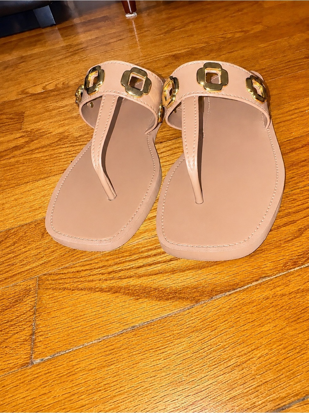 Larroude Nude Thong Flat Sandals Gold Hardware Rubber Style Size 37 US 6/7 - Picture 3 of 6